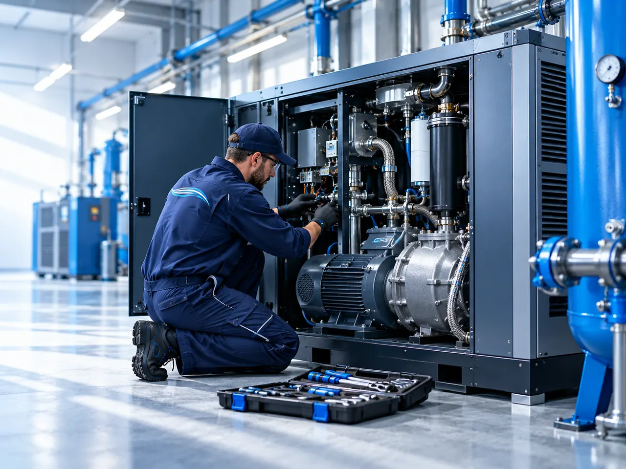 Técnico a intervir num compressor de parafuso aberto, numa sala de compressores