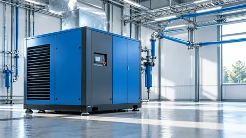Compressor de parafuso instalado numa sala técnica
